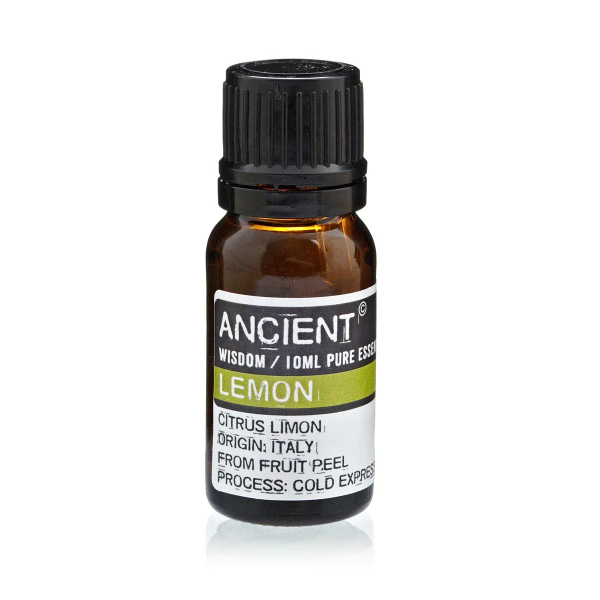 Clear bottle labeled 10 ml lemon essential oil.