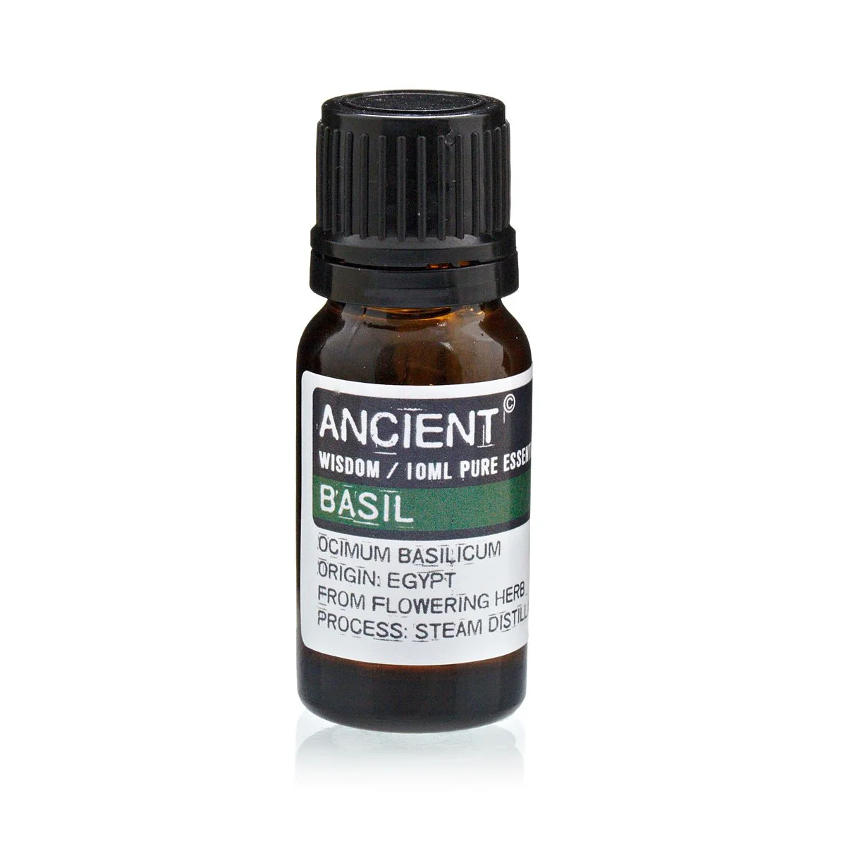 10 ml glass bottle of basil essential oil with clear label