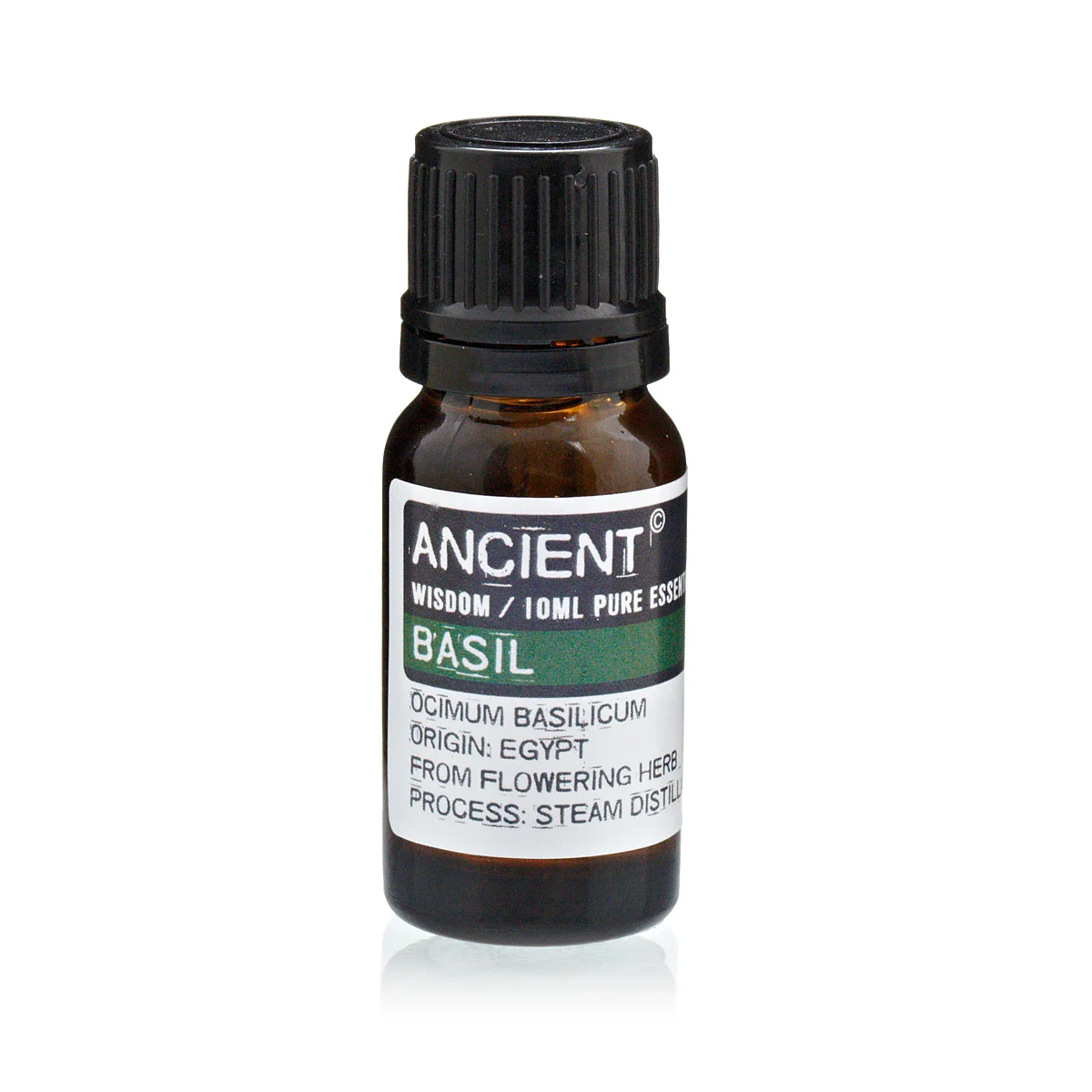 Small glass bottle of 10 ml Basil Essential Oil with centred label and dark green liquid.