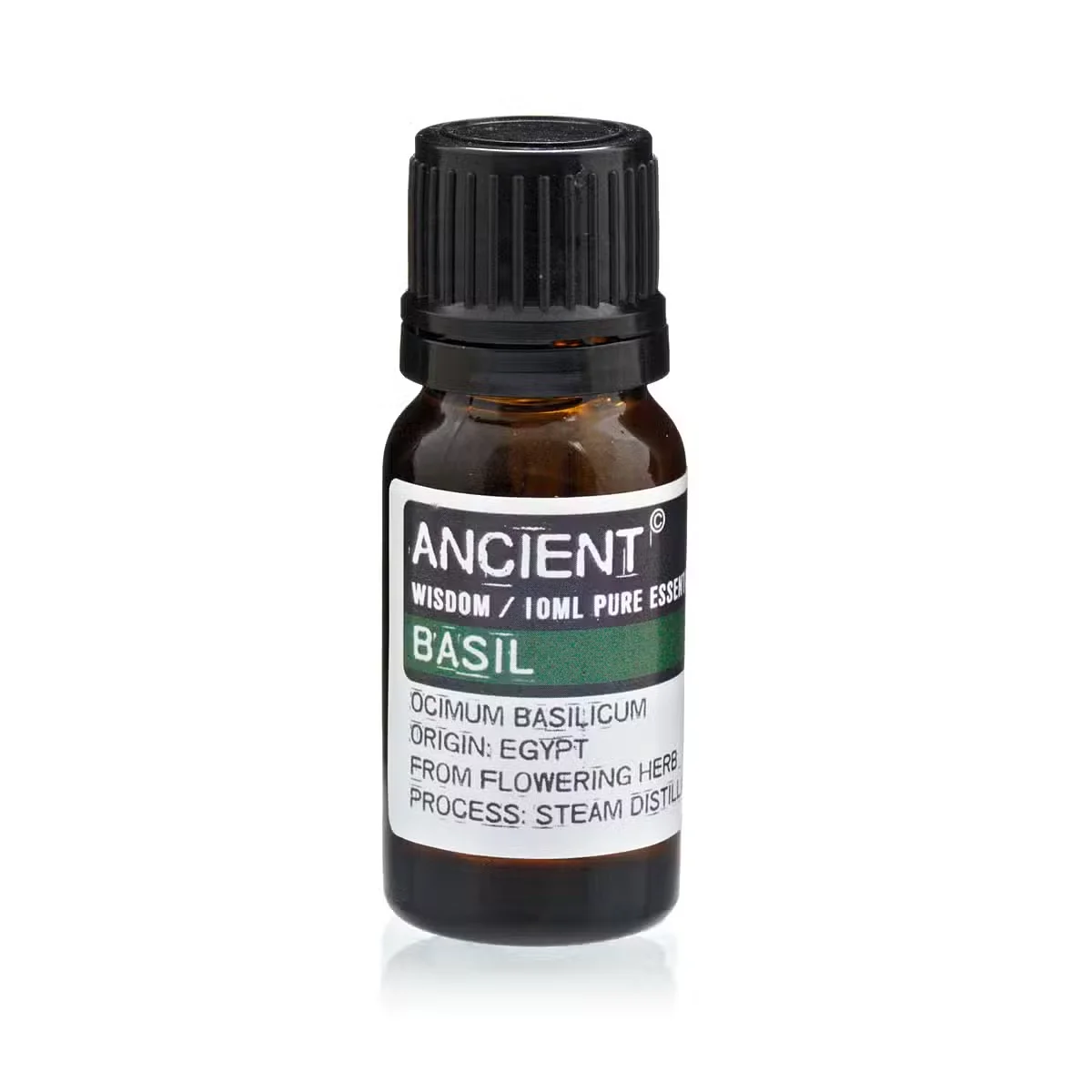 10 ml glass bottle holding basil oil, capped with a small screw cap, displayed against a neutral background.