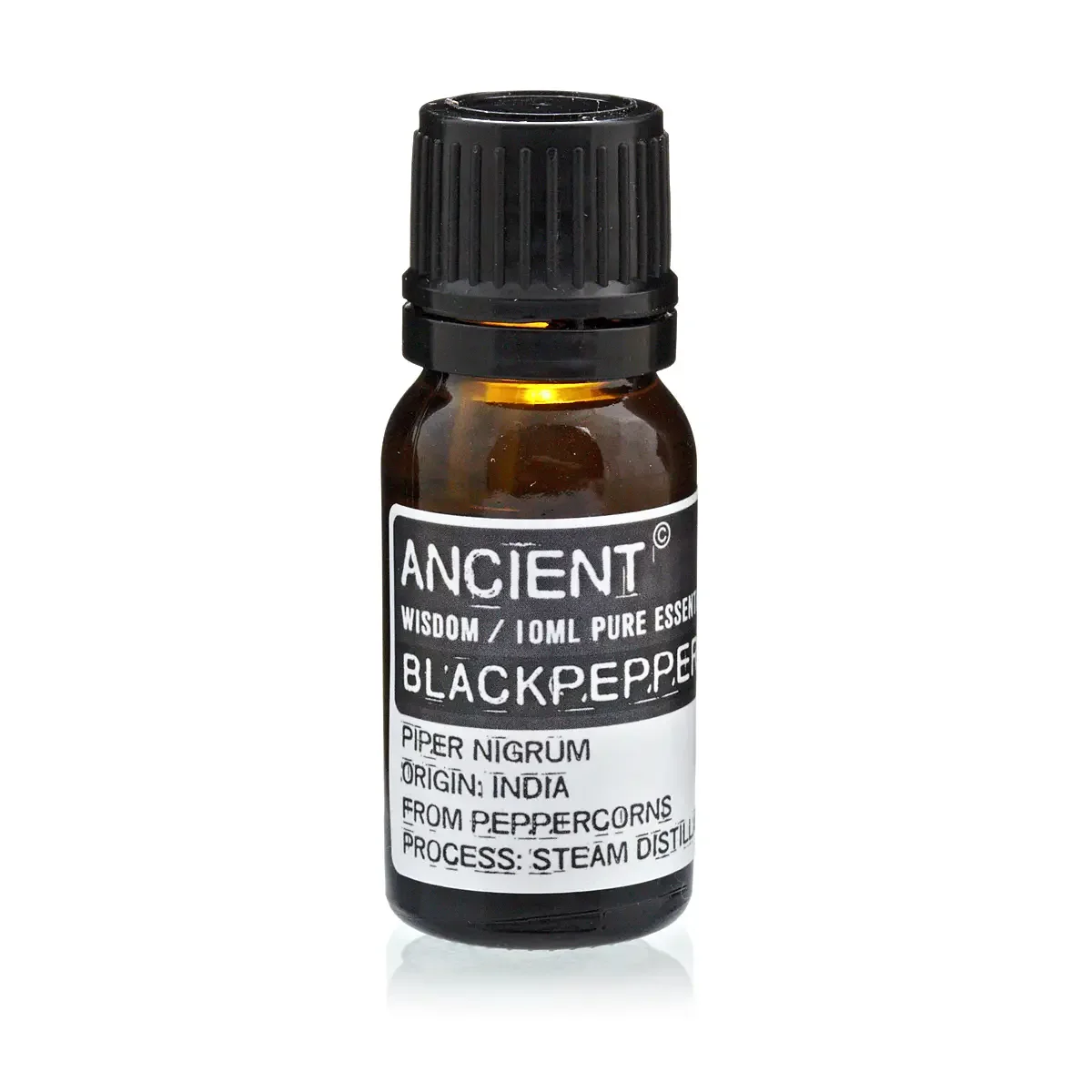 Blackpepper essential oil 10ml bottle with glass neck, label, and cap