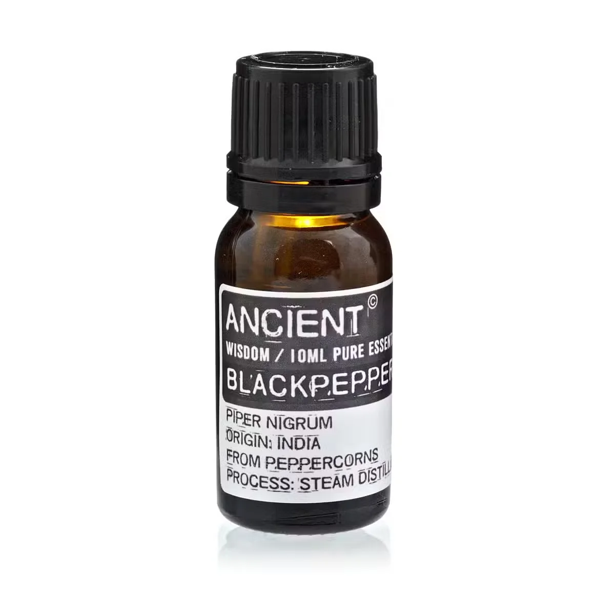 10 ml amber glass bottle of Blackpepper Essential Oil, labeled 10 ml, suitable for aromatherapy black pepper use.