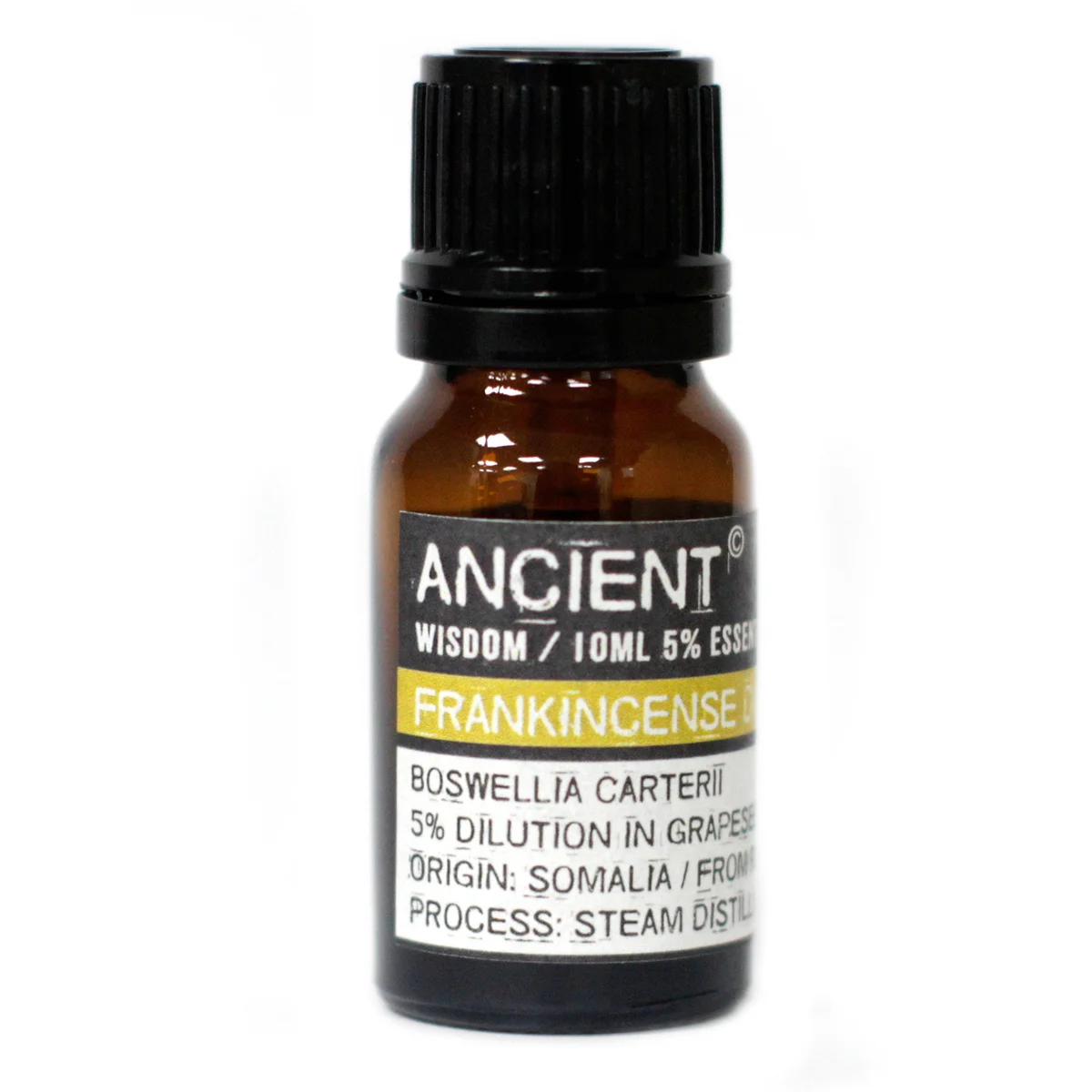 10 ml essential oil bottle of Frankincense (D), clear glass with dropper and visible label.