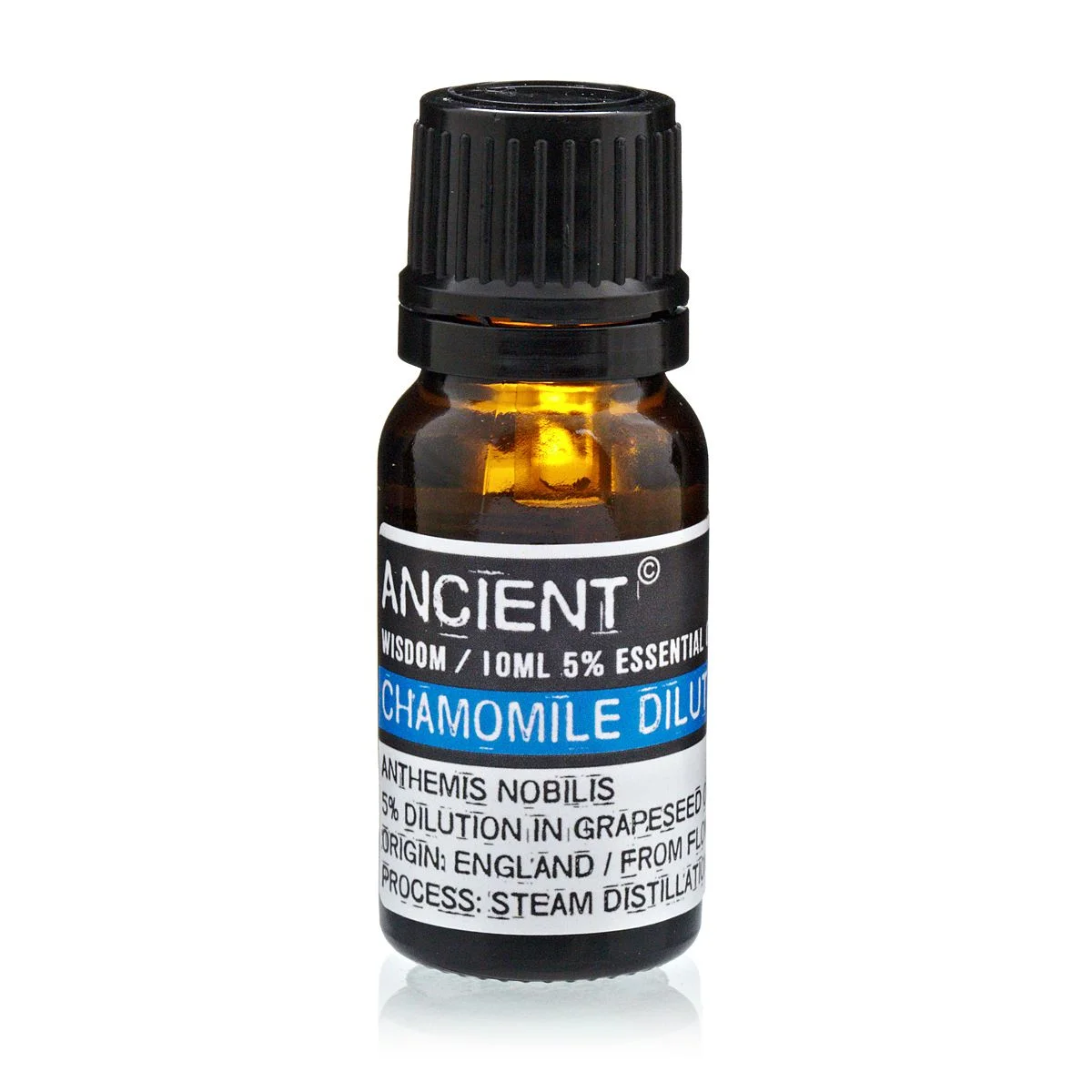 10 ml glass bottle of Roman chamomile essential oil, amber liquid with label.