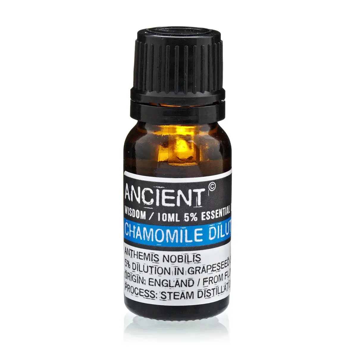 Transparent glass bottle of 10 ml Roman chamomile oil with dropper cap, label visible, on plain white background.