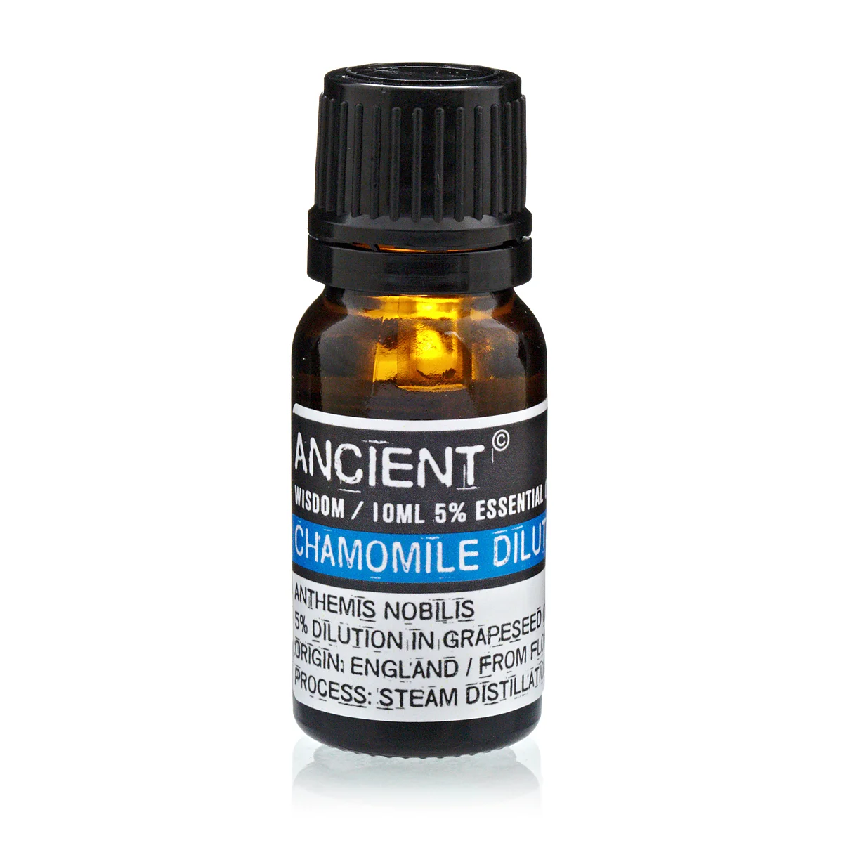10 ml bottle of Chamomile Roman essential oil.