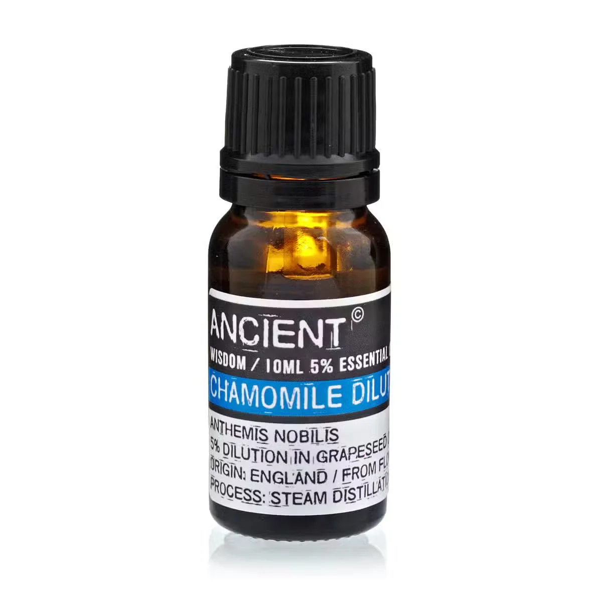 Clear glass bottle of 10 ml Chamomile Roman essential oil with dropper cap.