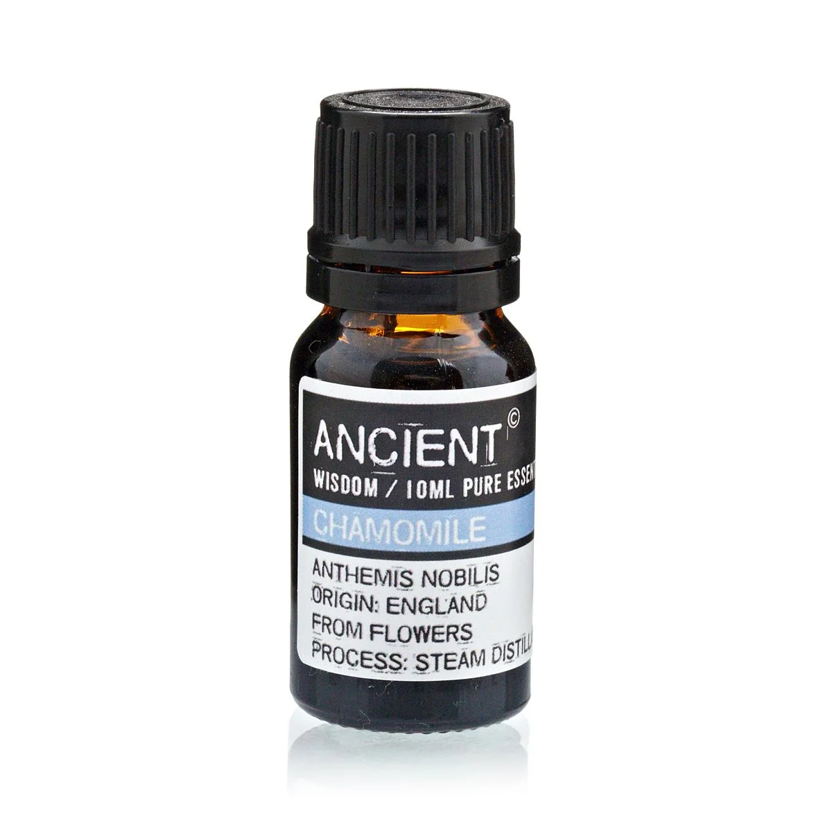 Clear amber bottle containing 10 ml Roman chamomile essential oil.