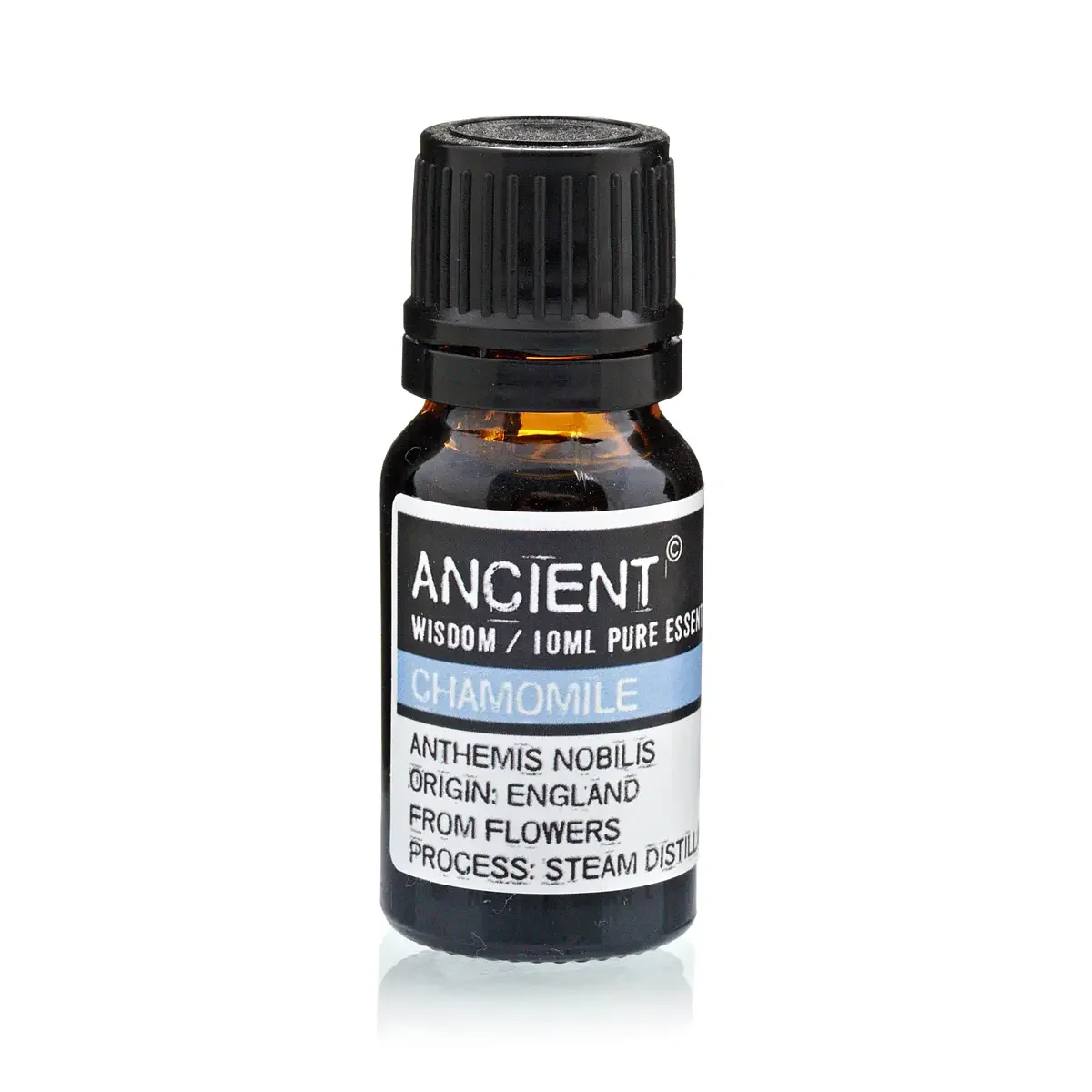 10 ml bottle of Chamomile Roman essential oil, clear glass with dark amber dropper cap.