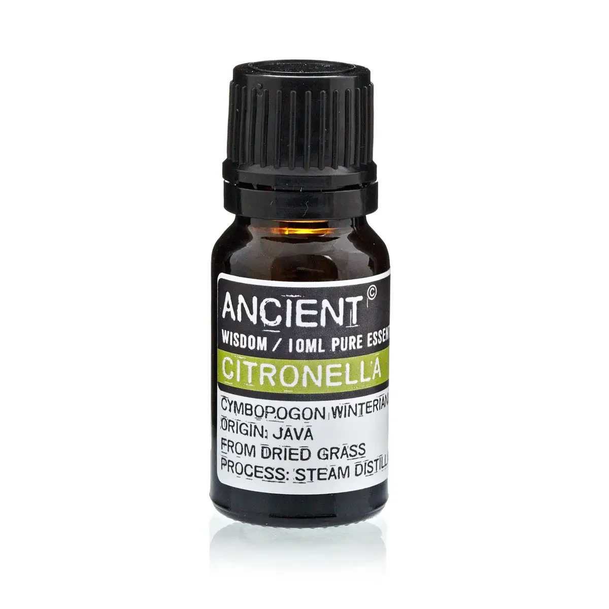 Sleek dark glass bottle labeled 10 ml citronella essential oil, showing liquid inside.
