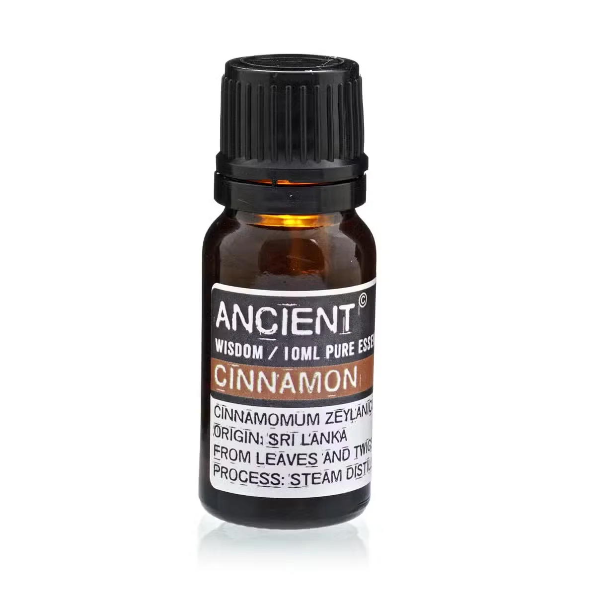 10 ml bottle of cinnamon essential oil with clear glass and dark amber dropper, labelled aromatherapy essential oil.