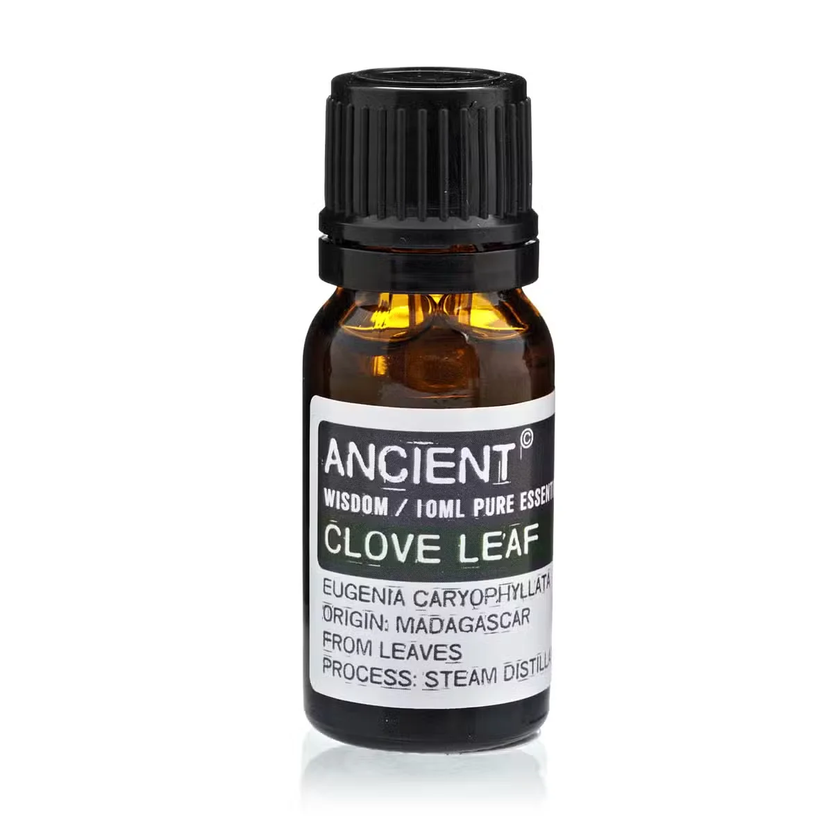 Small amber glass bottle of 10 ml Clove Leaf essential oil, labeled on clear glass.