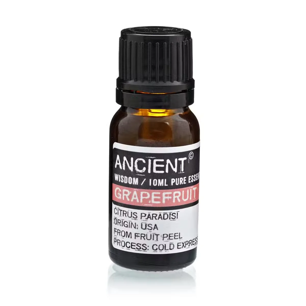 10 ml bottle of grapefruit essential oil, labelled with product name and clear glass container.