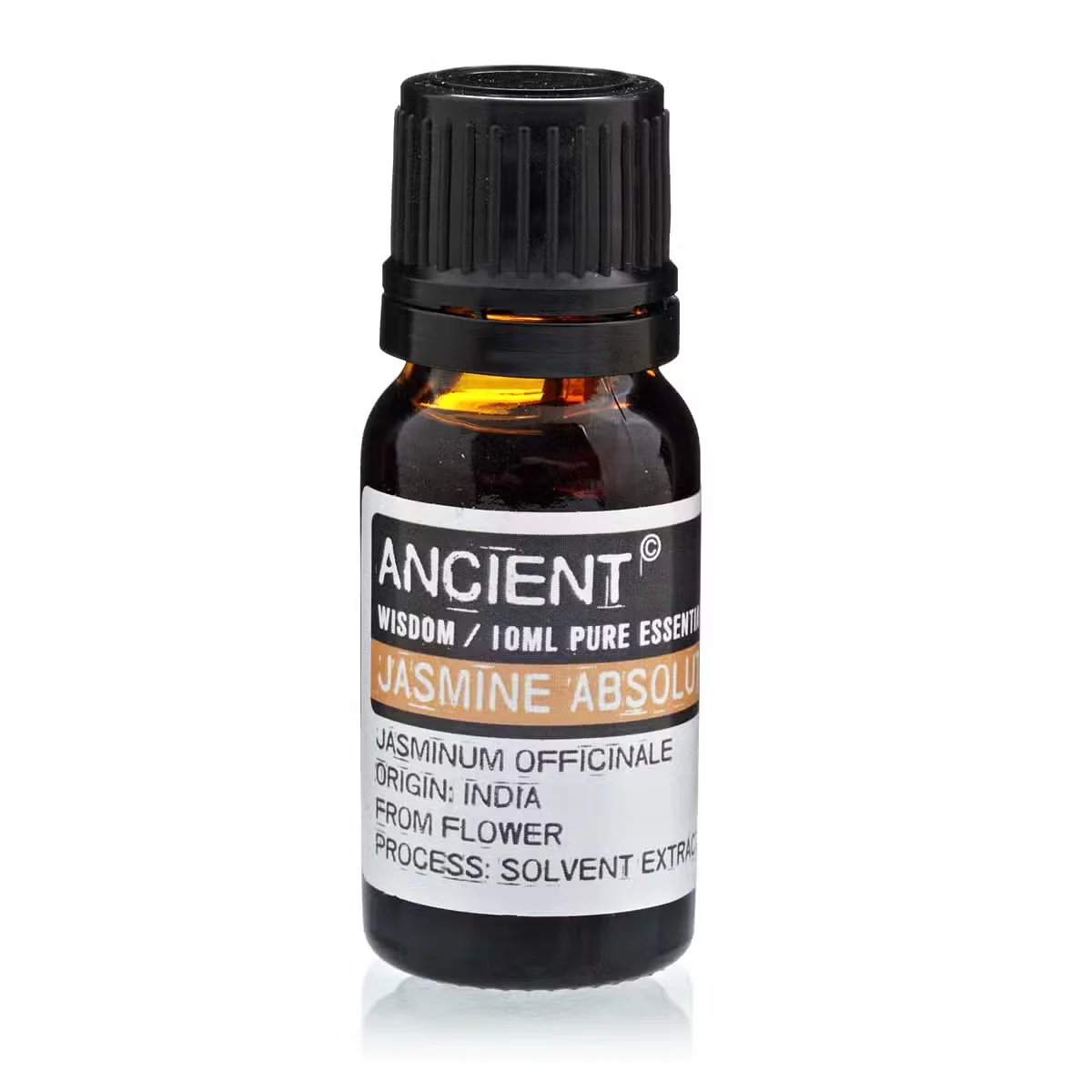 10 ml jasmine oil bottle labeled 10 ml Jasmine Absolute Essential Oil