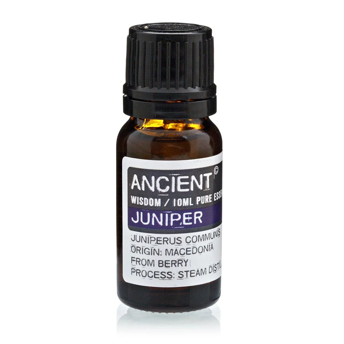 10 ml bottle of juniperberry essential oil, clear glass cap and printed label.