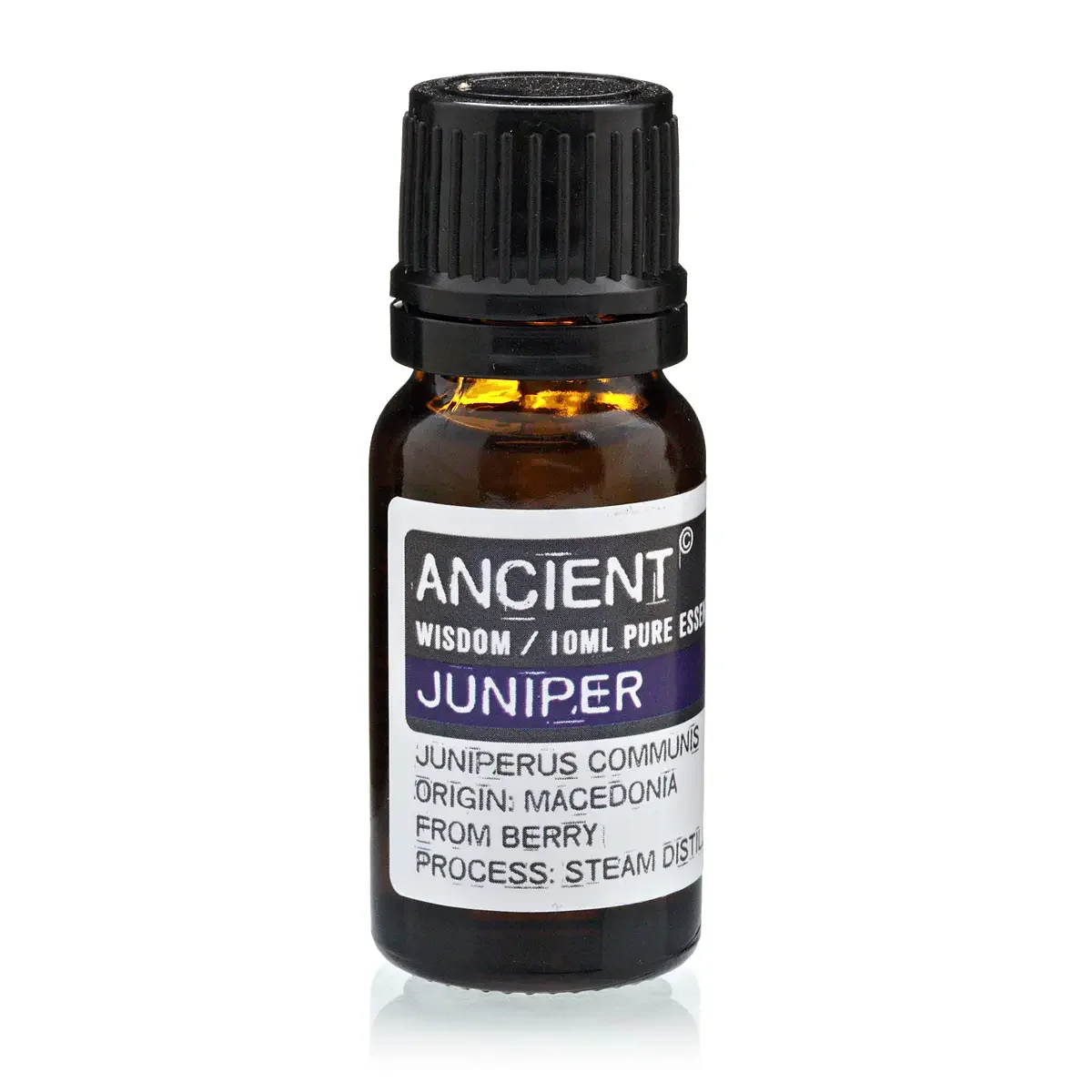 Clear 10 ml bottle of juniper essential oil with a simple label on the side