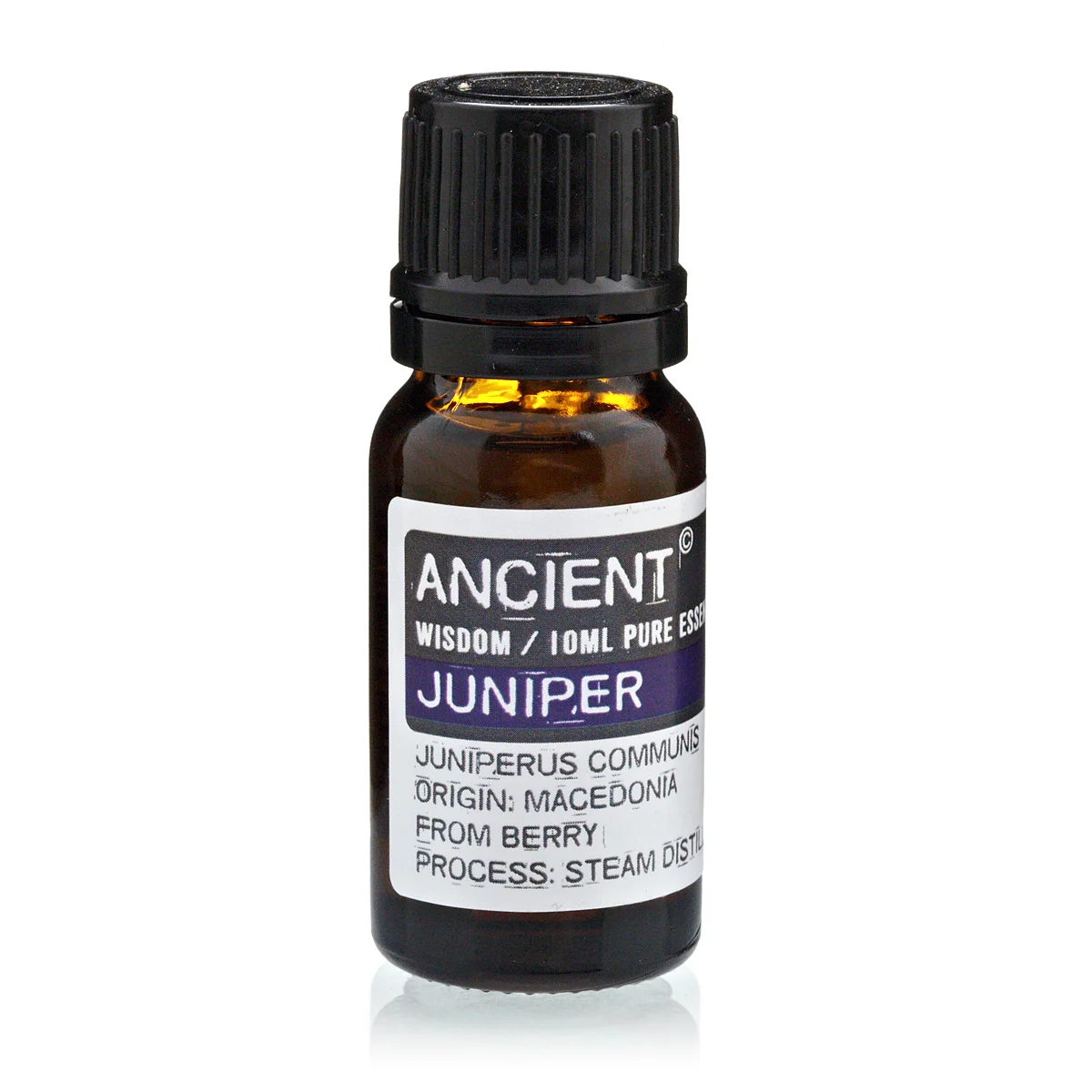 Clear glass bottle of 10 ml Juniperberry essential oil.