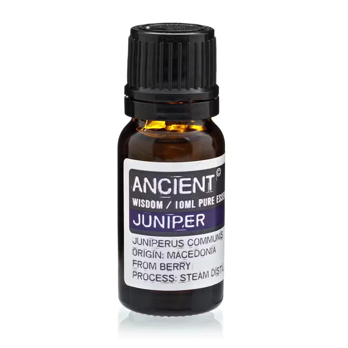Amber glass bottle of 10 ml juniper oil with dropper, labeled “Juniperberry Essential Oil”