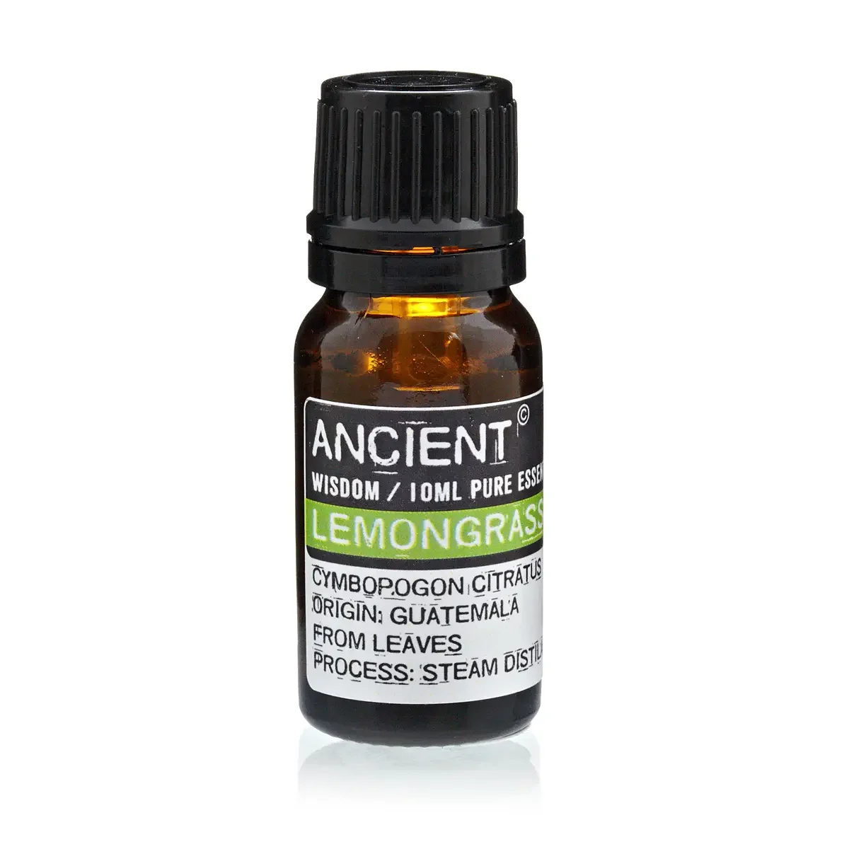 Small glass bottle of 10 ml lemongrass oil.