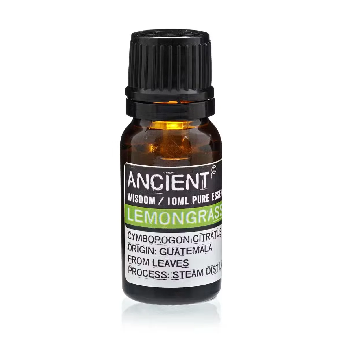 Clear glass bottle, 10 ml of lemongrass essential oil, labelled with product name and size.