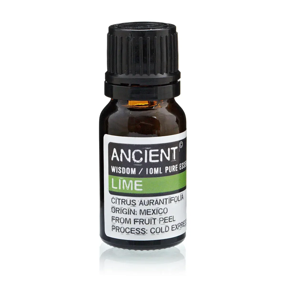 Amber glass bottle of 10 ml Lime Essential Oil, green lime leaf label, natural essential oil