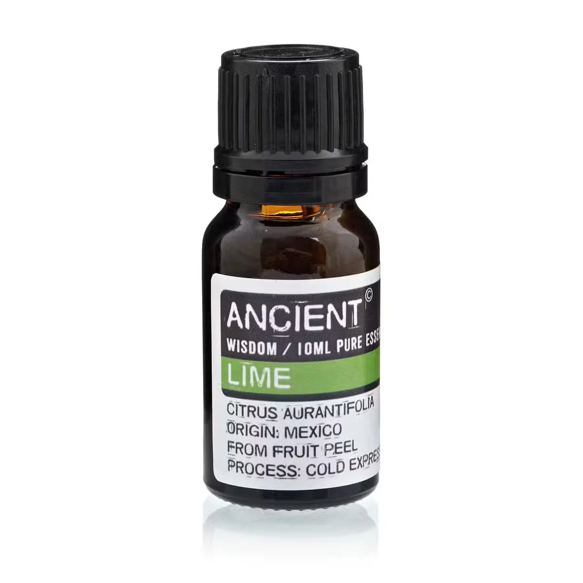 Clear glass bottle holding 10 ml essential oil labeled Lime, with a small dropper in photo.