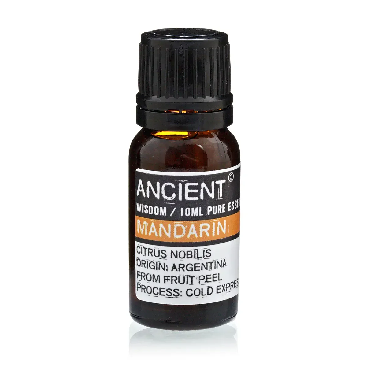 10 ml essential oil amber bottle with mandarin label and clear orange liquid