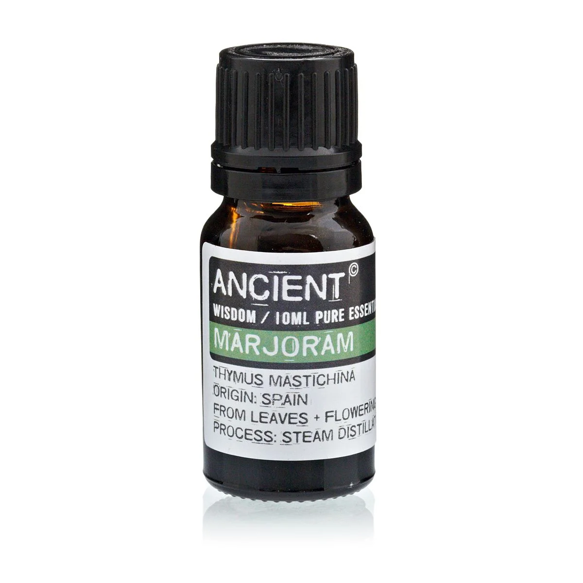 10 ml bottle of Marjoram Spanish essential oil with clear glass and dark amber cap