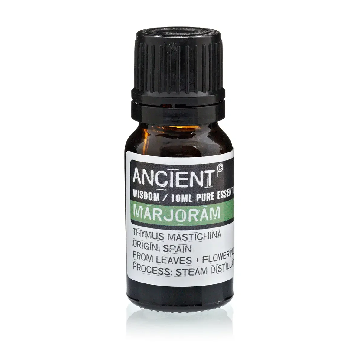 Clear glass bottle of 10 ml marjoram Spanish essential oil.