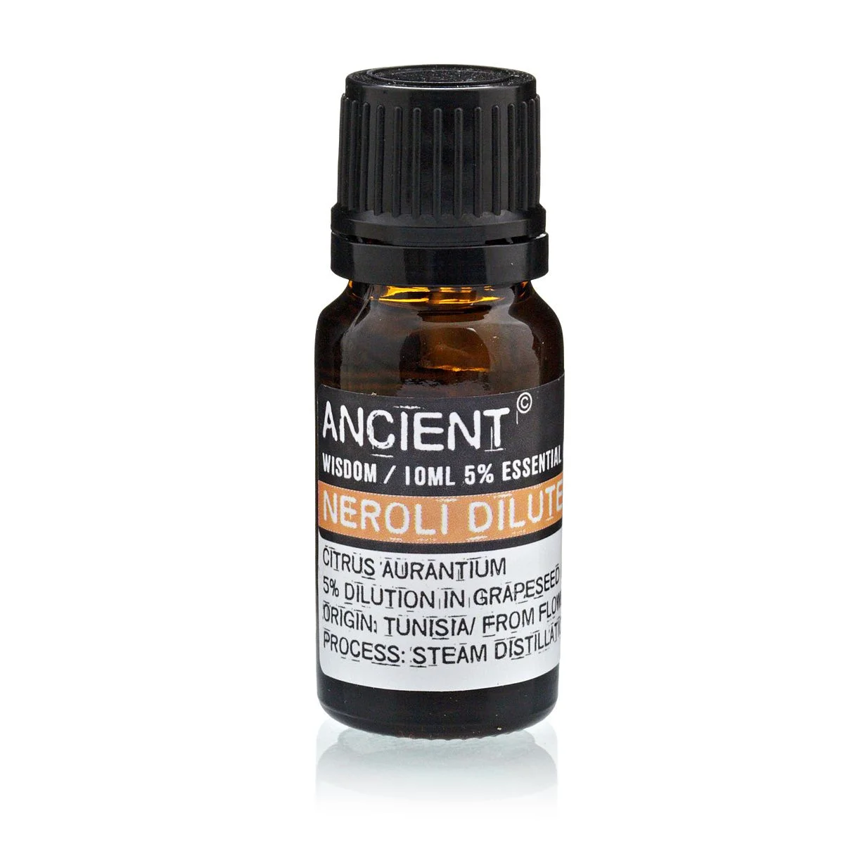 Clear 10 ml glass bottle labelled neroli essential oil.