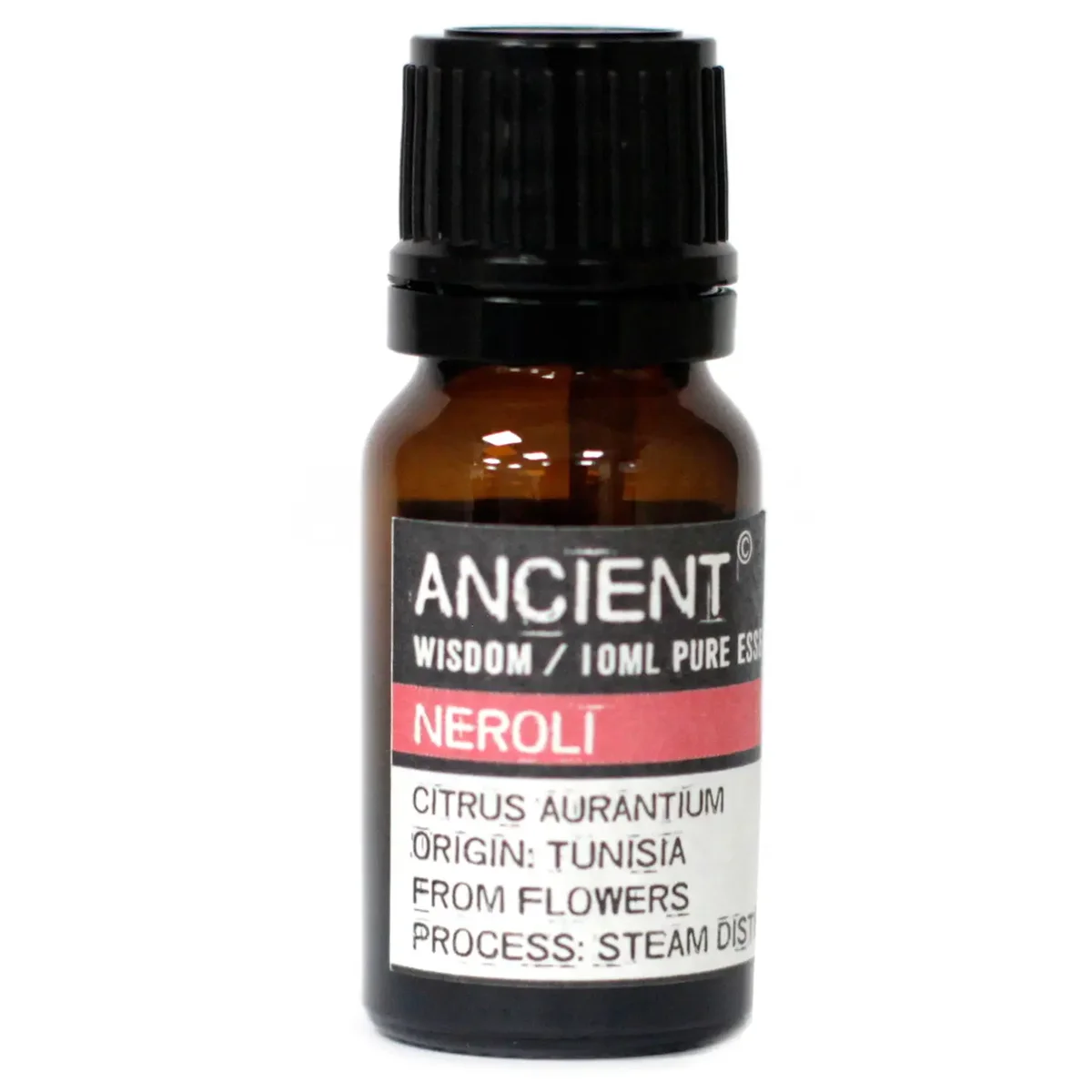 10 ml bottle of pure neroli essential oil, clear glass with dark amber dropper, label reading pure neroli essential oil