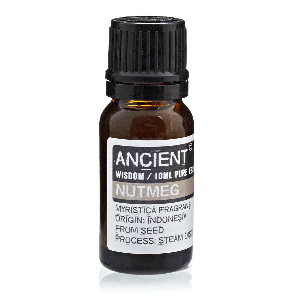 Amber glass bottle holding 10 ml nutmeg essential oil, label displays product name.
