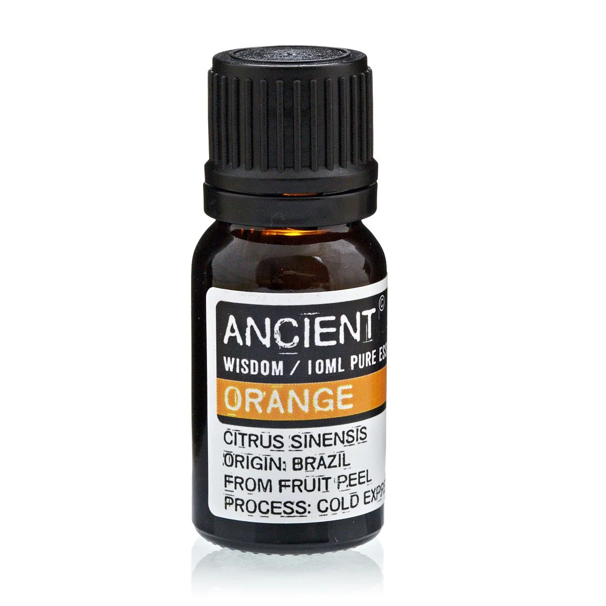 10ml glass bottle of orange essential oil, labeled orange essential oil.