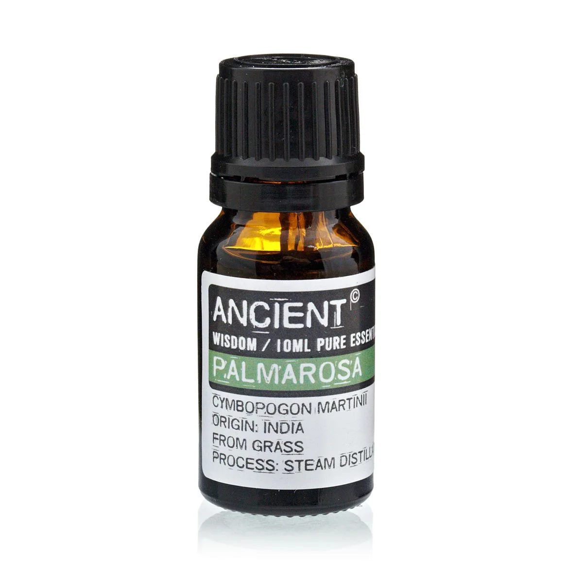 10 ml glass bottle of palmarosa essential oil with a dark label and small dropper head.