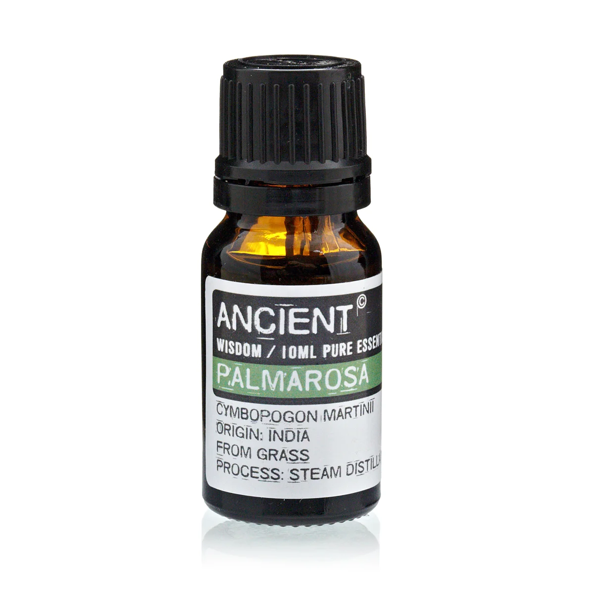 Clear 10 ml bottle of Palmarosa essential oil with UK label, nestled against a neutral background.