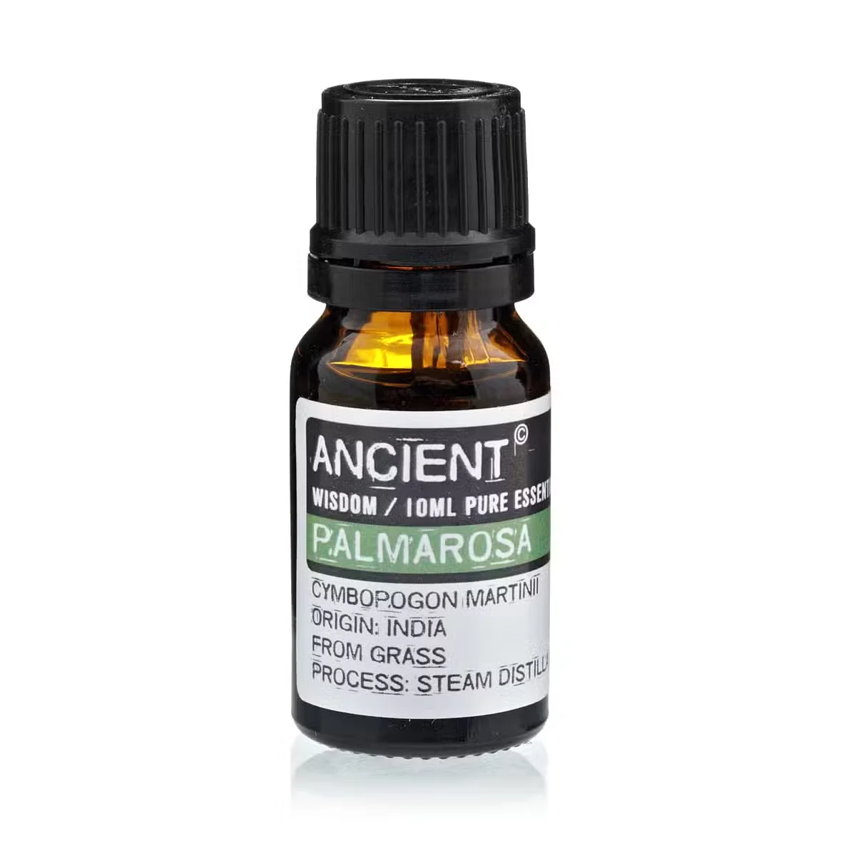 Bottle of 10 ml Palmarosa essential oil on display
