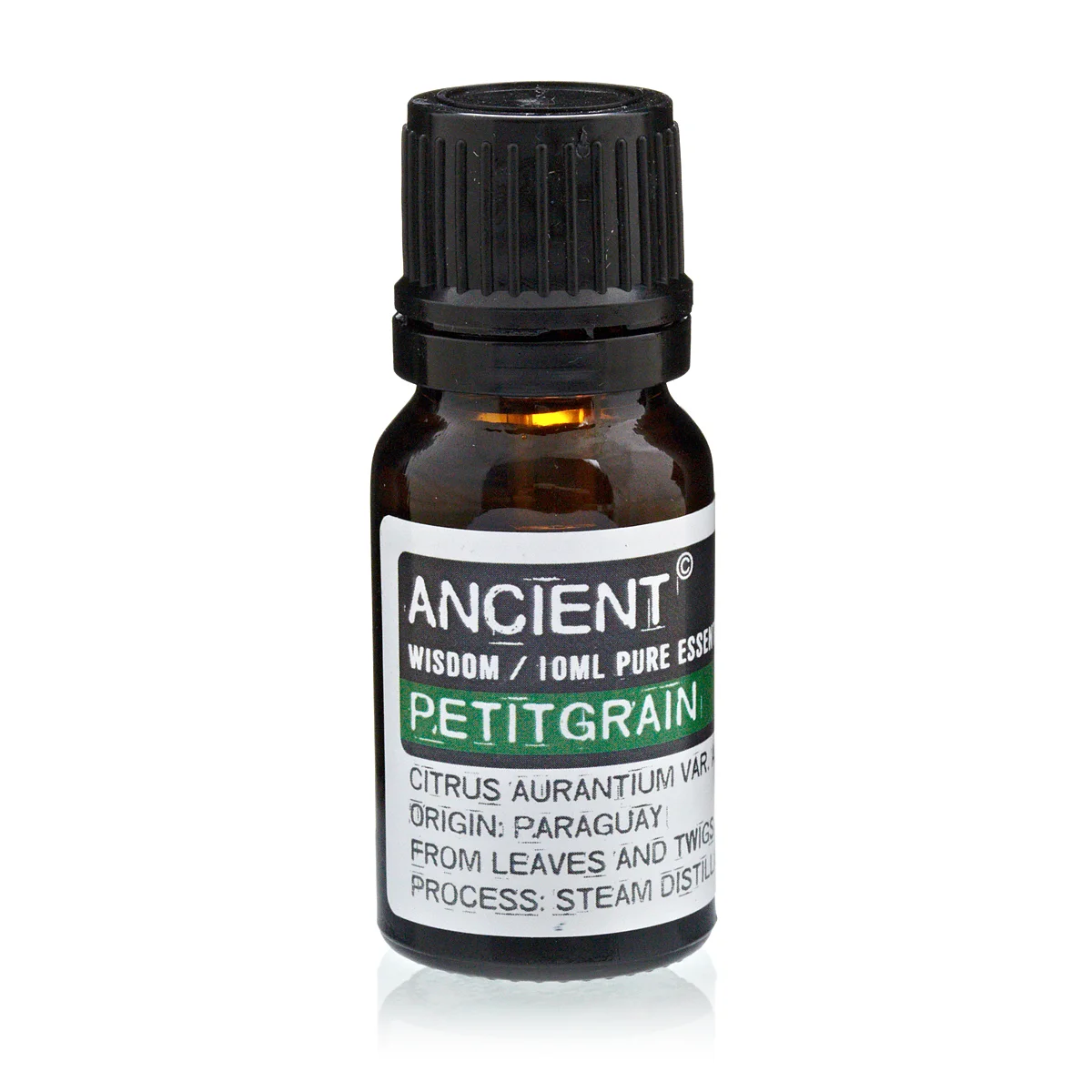 Clear glass bottle labeled 10 ml Petitgrain Essential Oil, with a plastic cap, positioned on a neutral background.