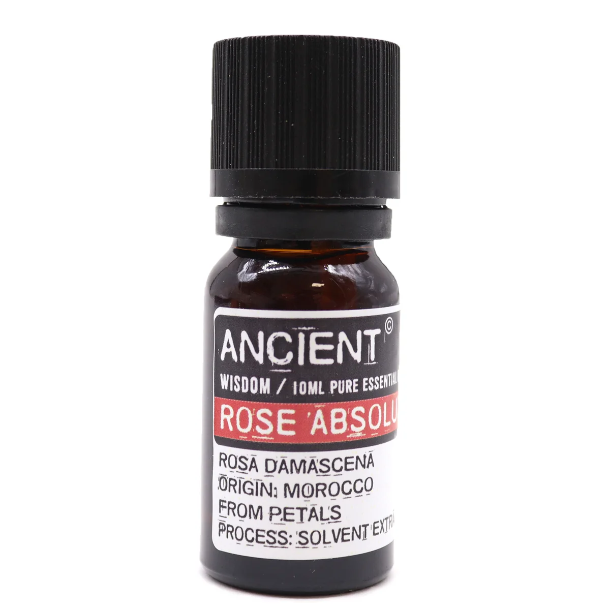10 ml Rose absolute essential oil bottle – clear glass jar with small label, rose fragrance oil.
