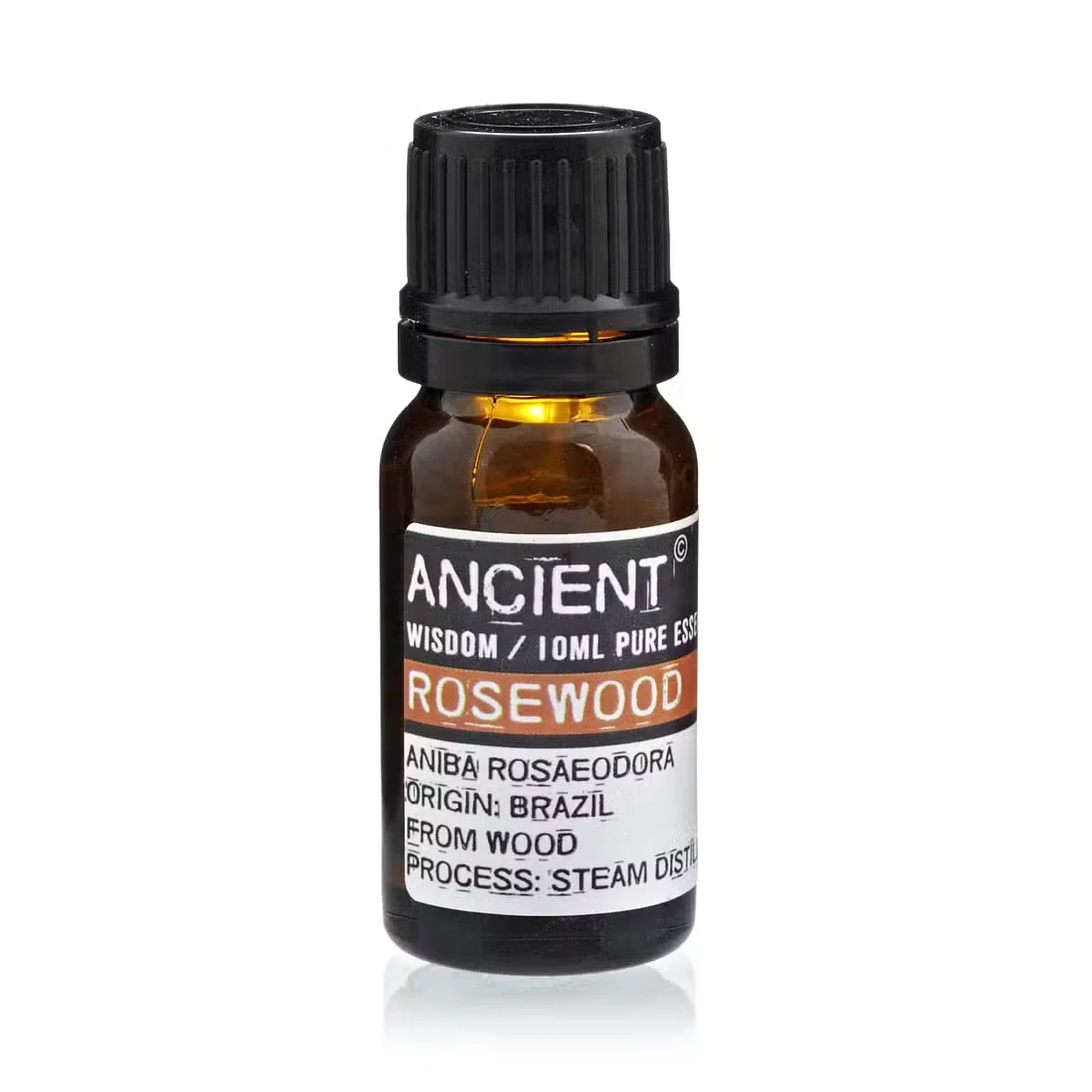 Transparent glass vial labeled 10 ml Rosewood aromatherapy essential oil