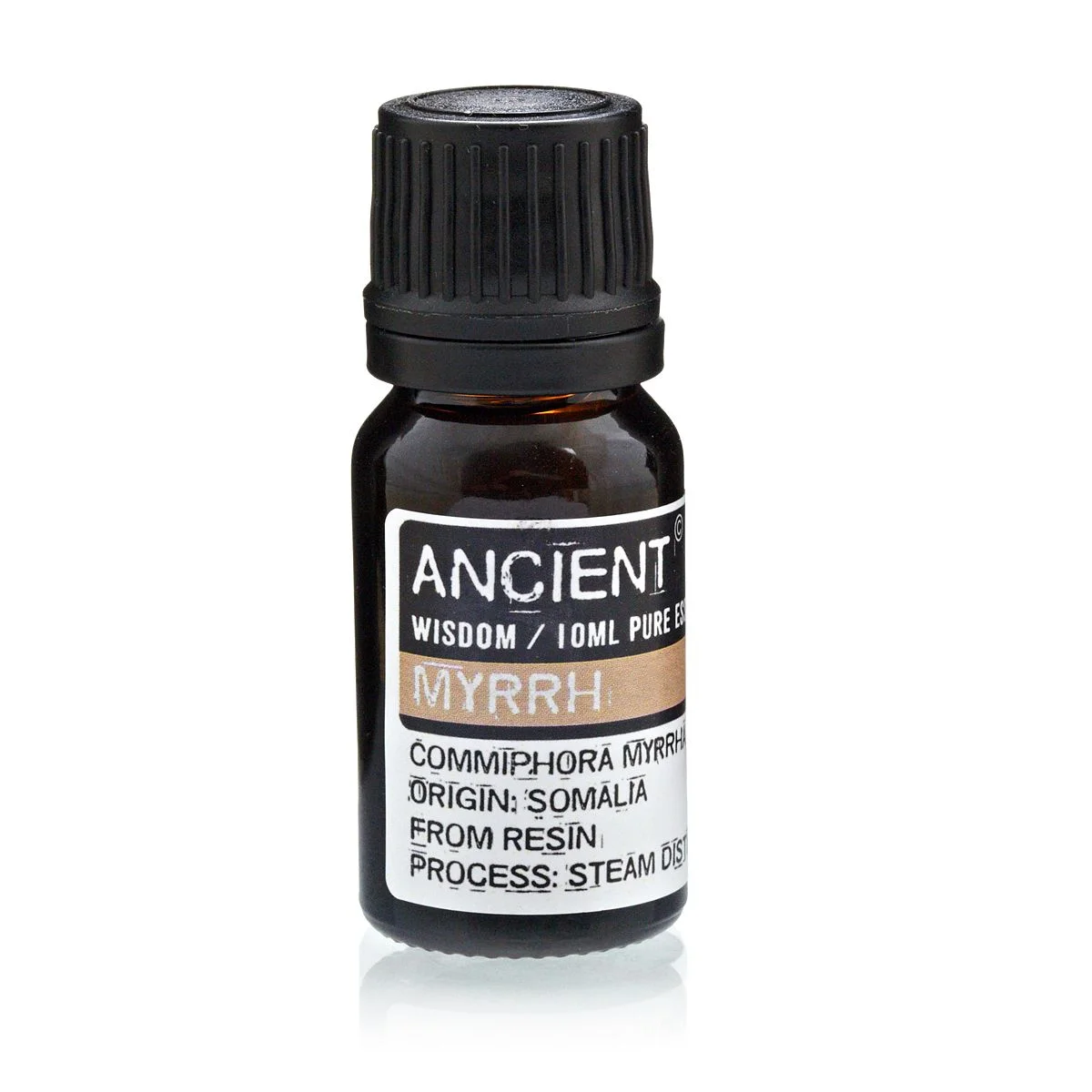 clear shot of a 10 ml amber bottle of myrrh essential oil, showing label and snug cap