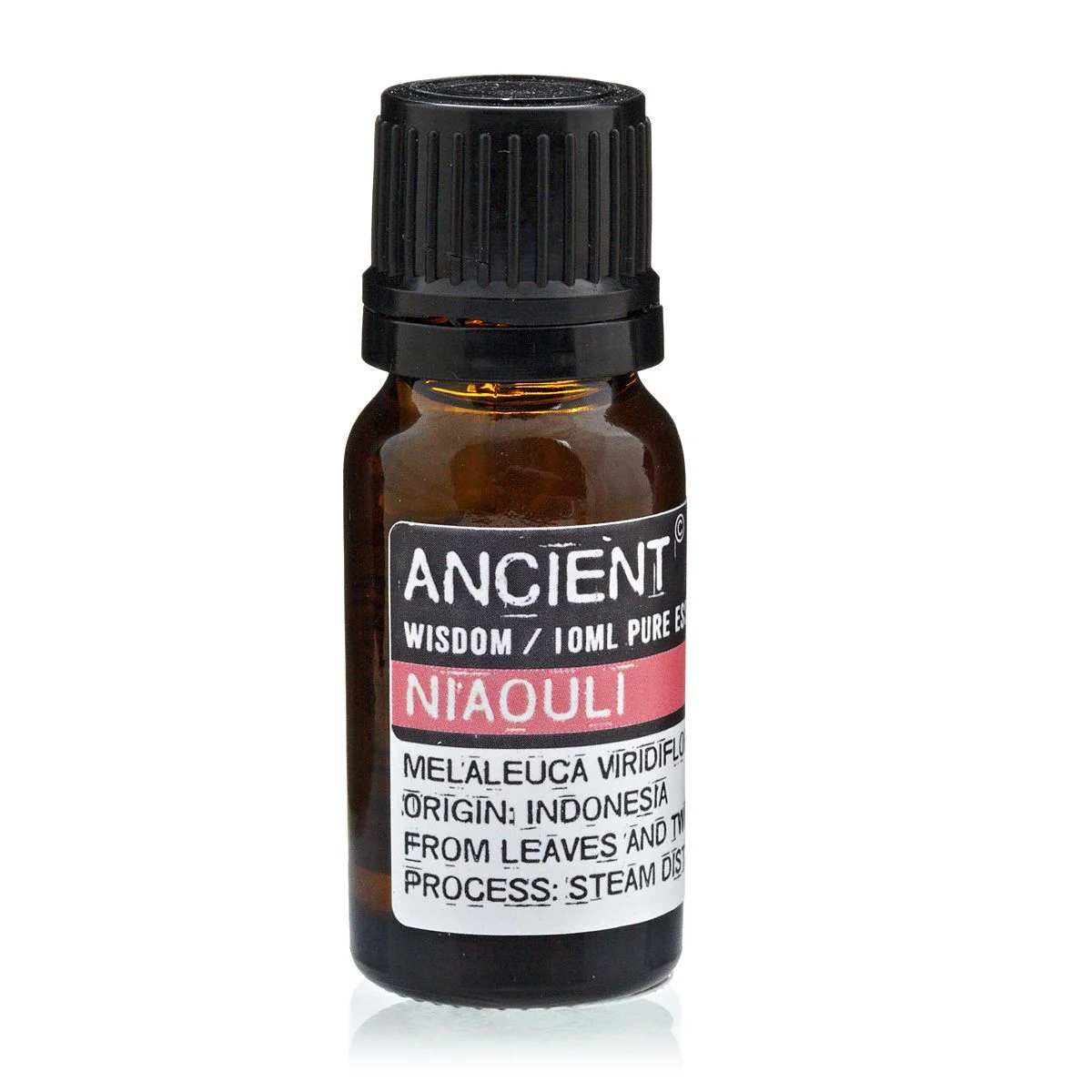 10 ml bottle of niaouli essential oil with glass container and clear label