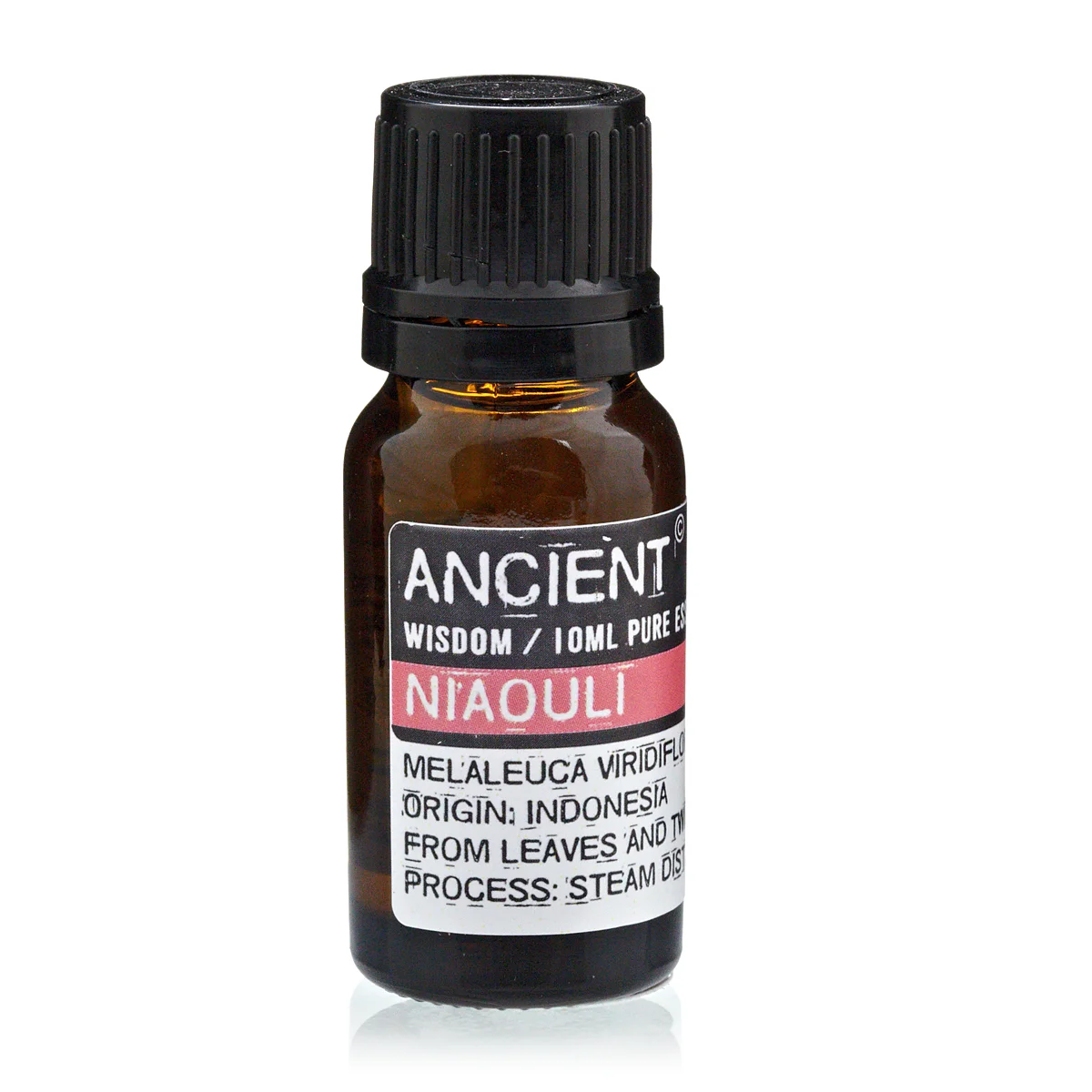 Clear glass bottle of 10ml niaouli oil with dark amber dropper, label reads Niaouli Essential Oil.