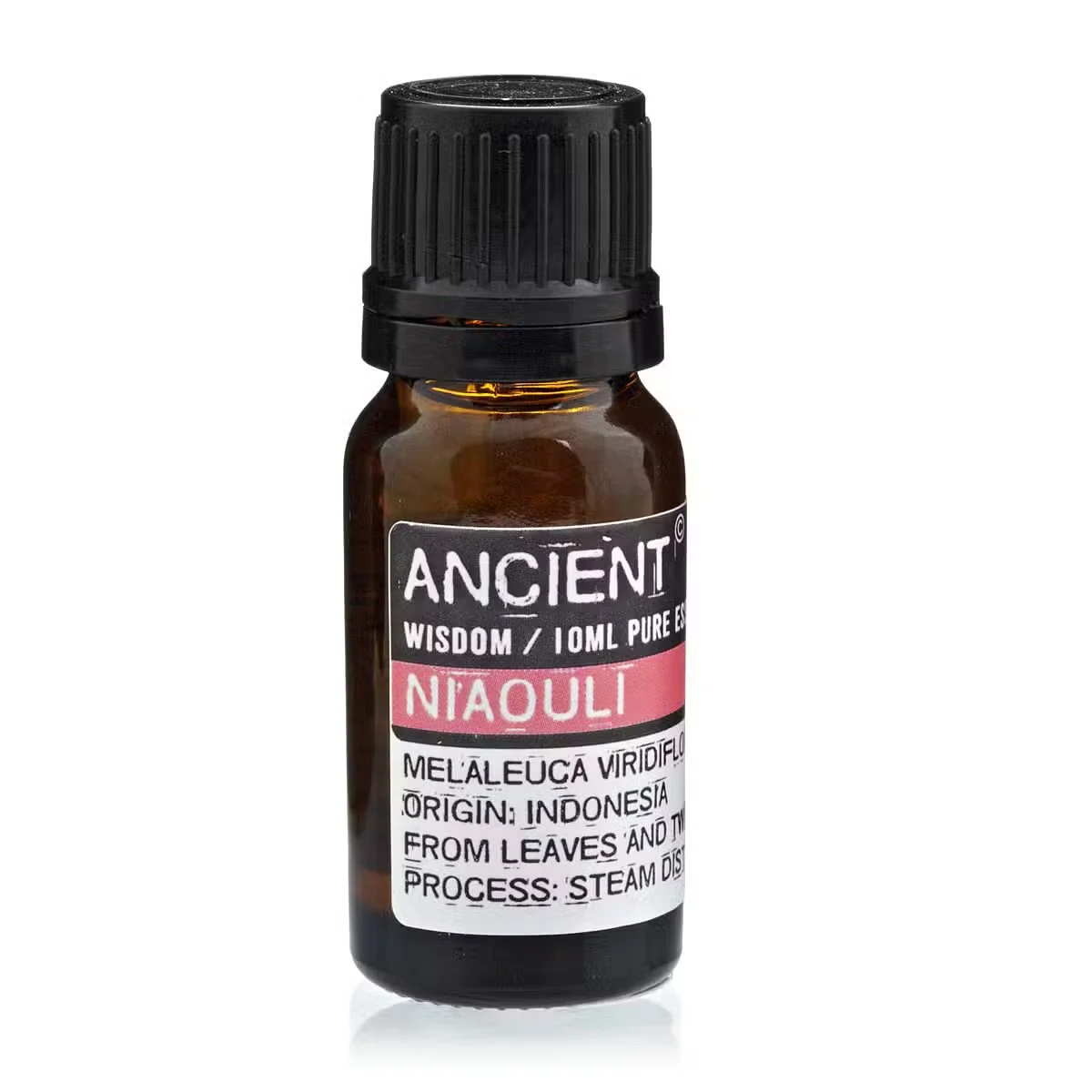 Small glass bottle of essential oil 10ml labelled Niaouli, capped, green label.