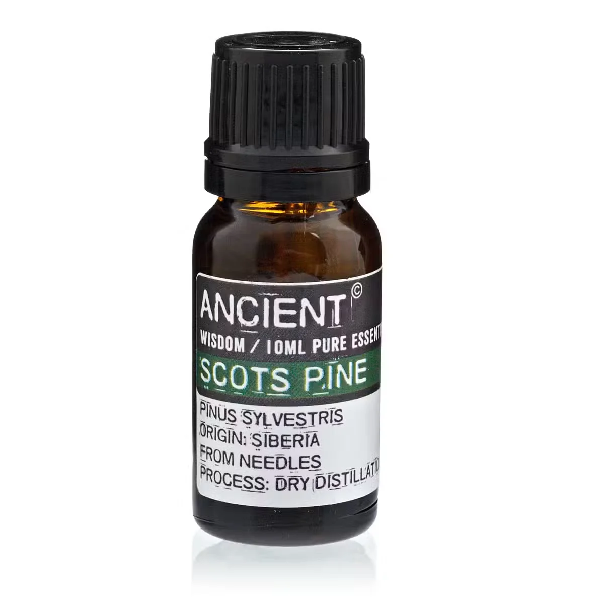 Clear glass vial with dropper, labeled 'Pine Sylvestris (Scots Pine)', 10ml pine oil.