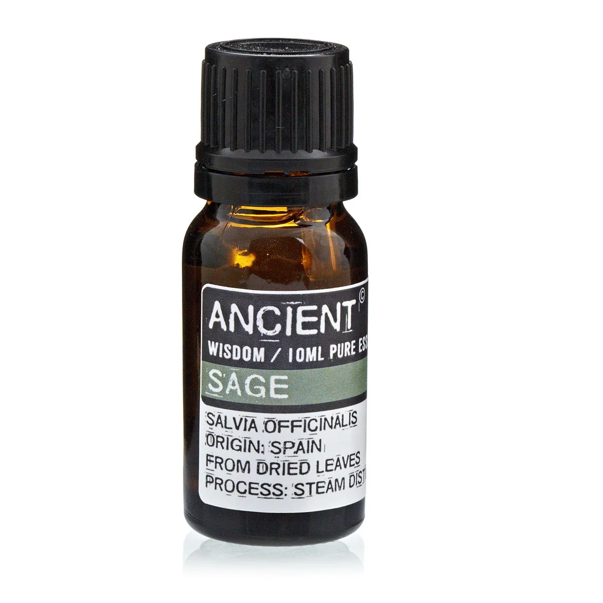 Clear glass bottle of 10 ml sage essential oil with label.