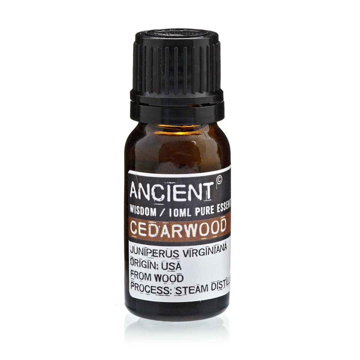 10 ml glass bottle of Cedarwood Virginian essential oil with dark amber liquid.