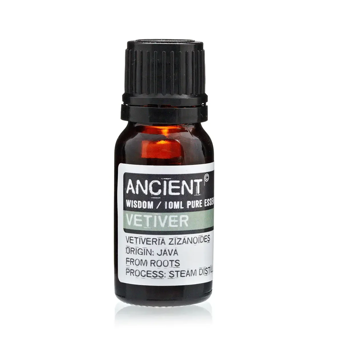 Glass bottle of 10 ml Vetivert essential oil.