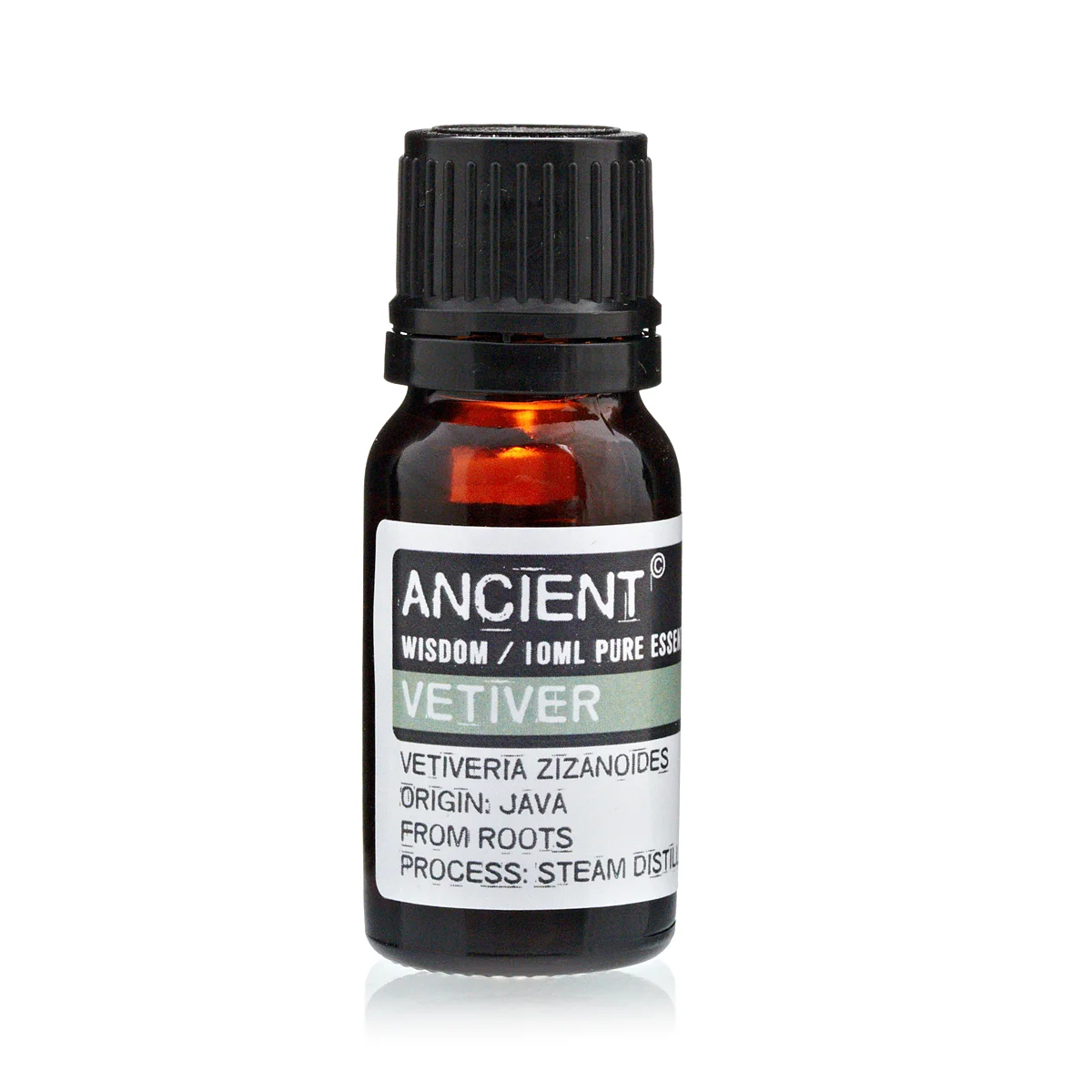 10 ml amber glass bottle of Vetivert natural essential oil with label