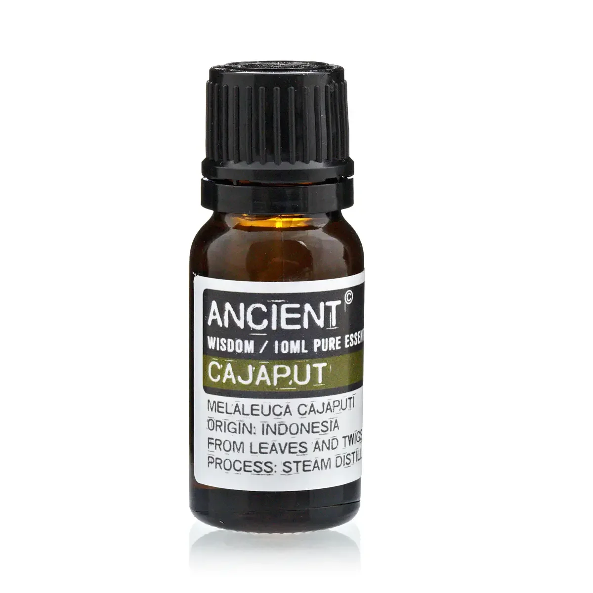 10 ml essential oil bottle from Cajaput, glass container with clear cap and printed label shown in product photo.