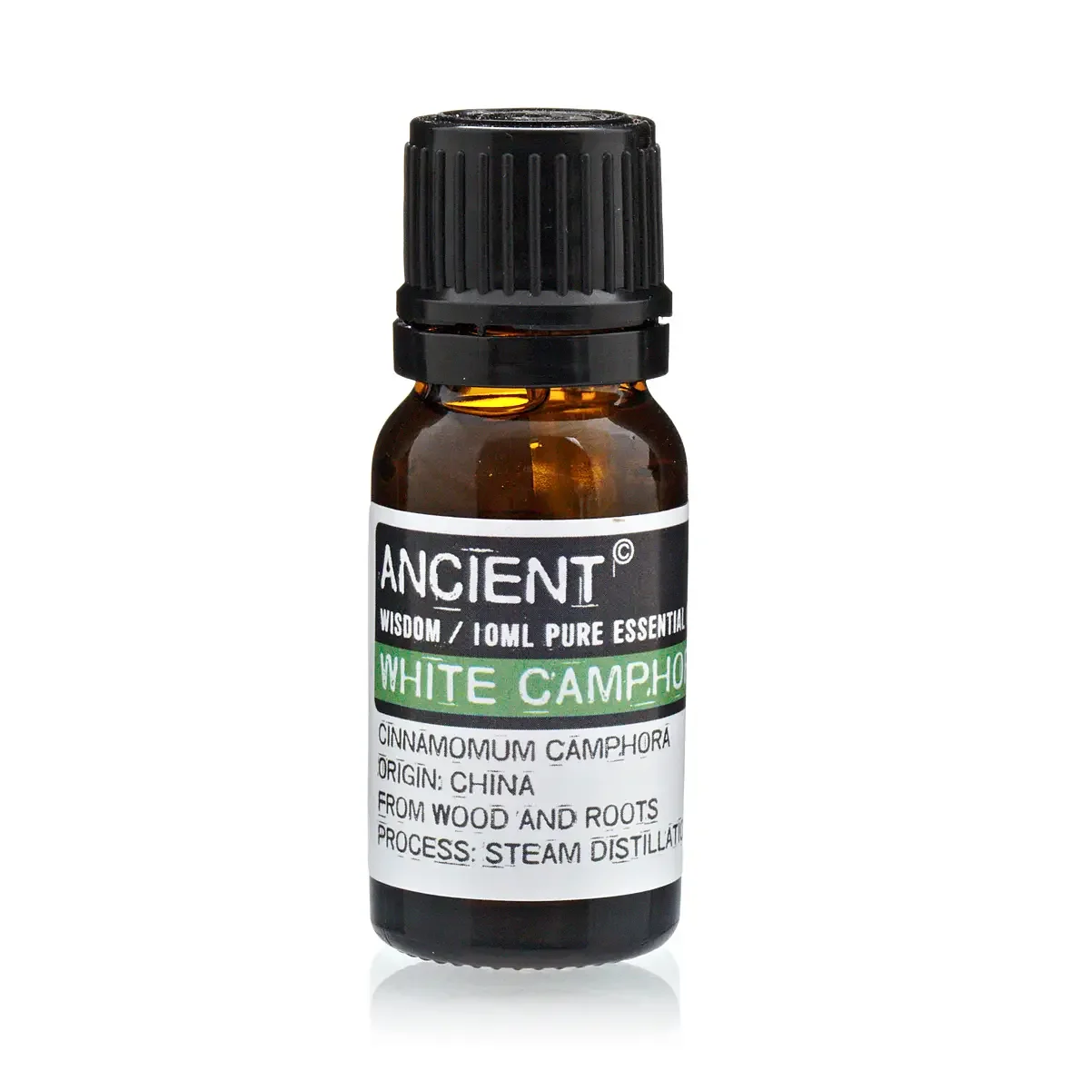 10 ml white bottle of camphor essential oil suspended in glass on a plain background.